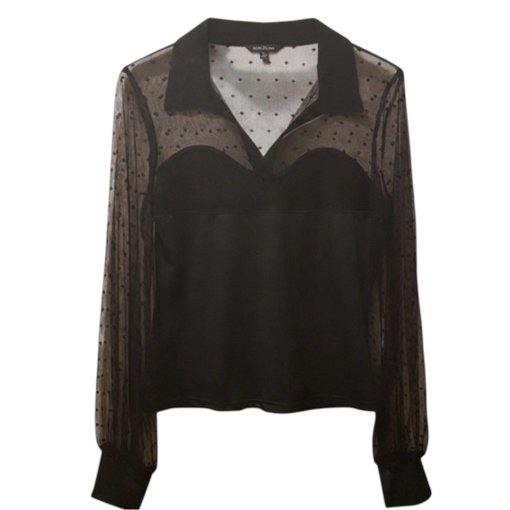 CBR Black Sheer Mesh Polka Dot Blouse XL Romantic Goth Victorian Top